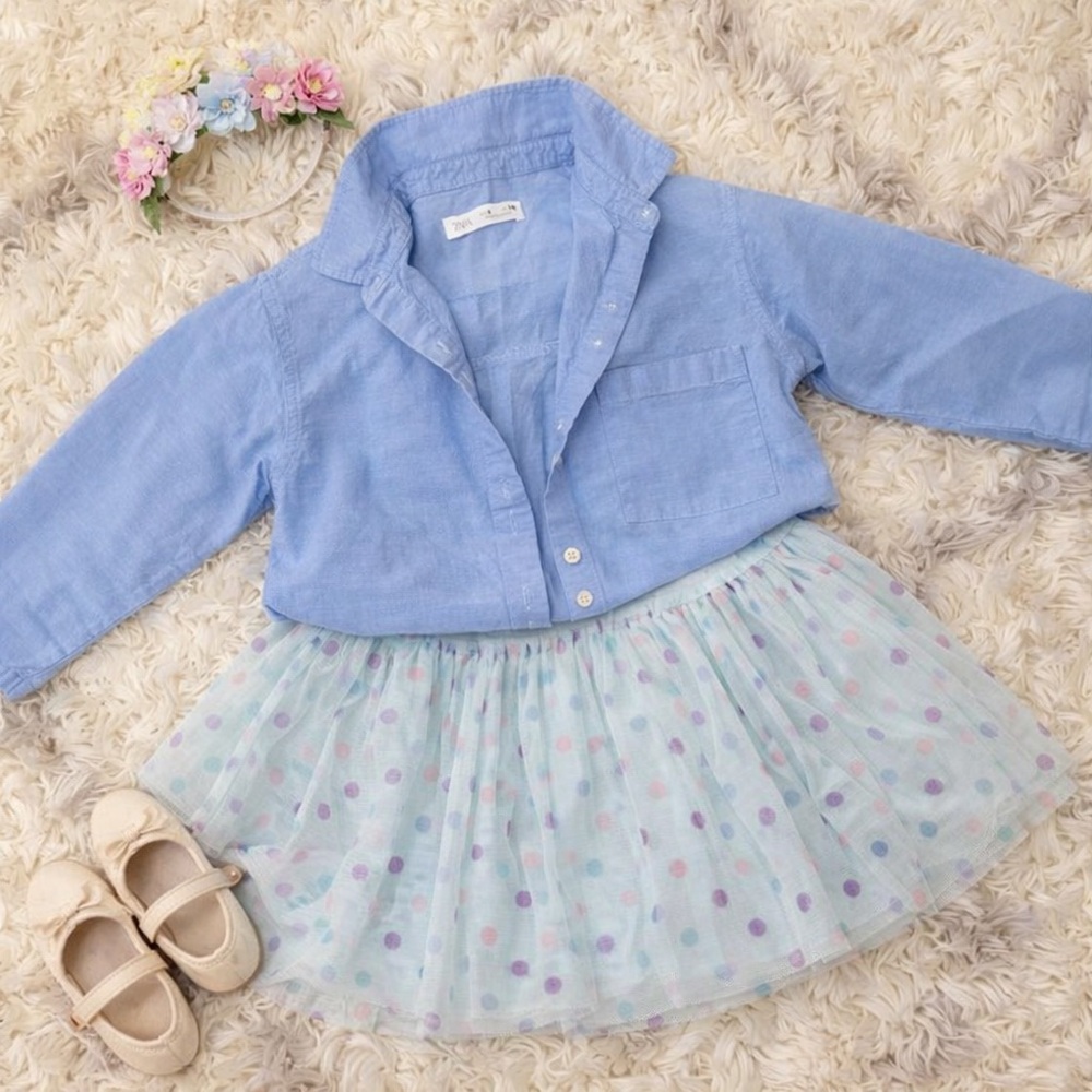 Blue Shirt with Polka Dot Skirt Outfit